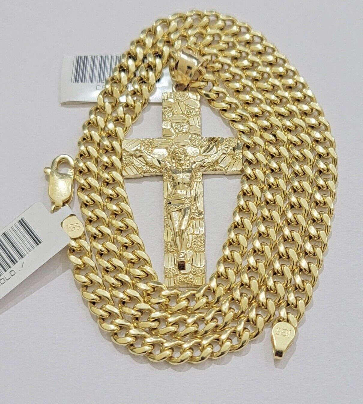 REAL 10k Yellow Gold Cuban link Chain Nugget Charm Pendant Necklace 5mm 24" Inch - GoldenlinQ