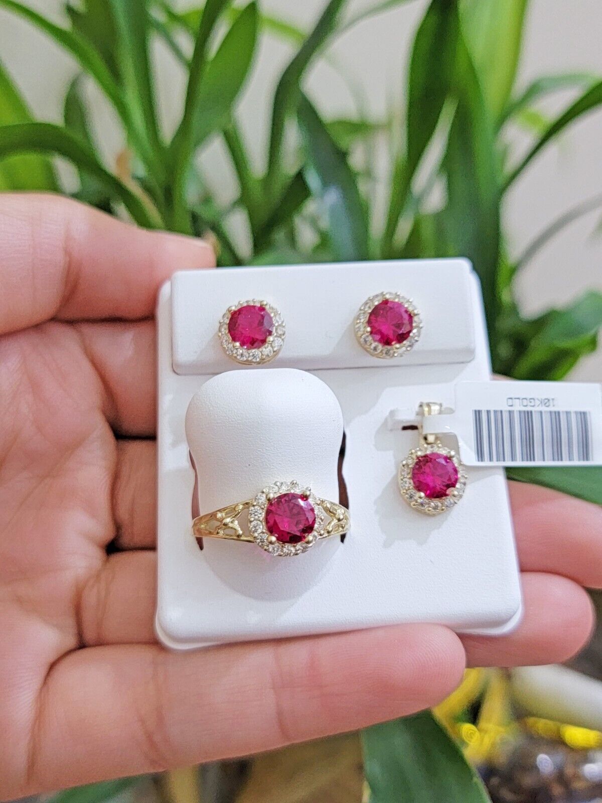 Real 10k Yellow Gold earring ring and pendant Ruby set for ladies / Women , 10KT - GoldenlinQ