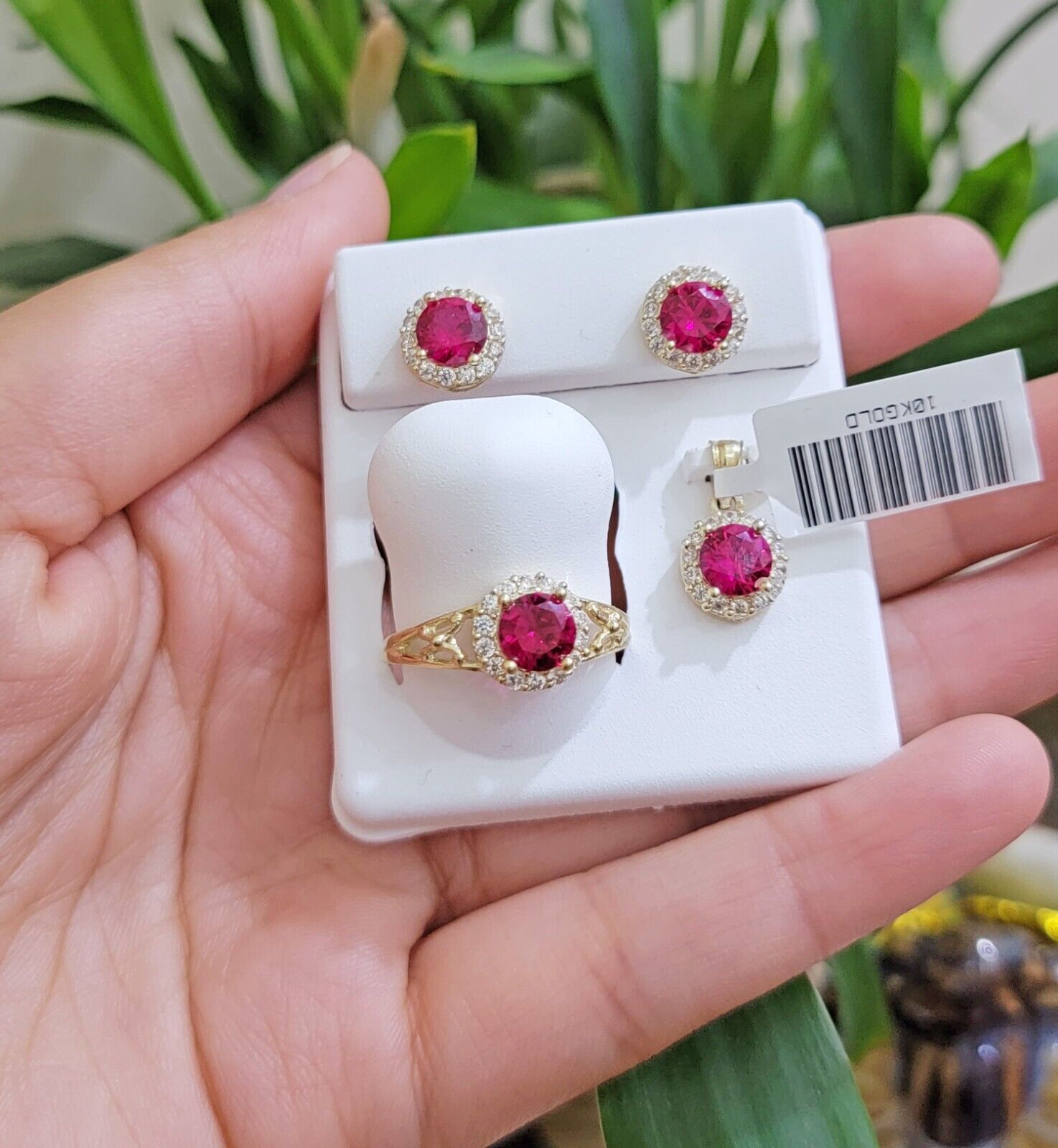 Real 10k Yellow Gold earring ring and pendant Ruby set for ladies / Women , 10KT - GoldenlinQ