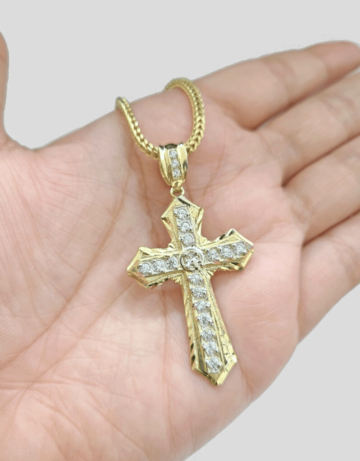Real 10k Yellow Gold Franco Chain 2.5mm 18" inch Necklace Jesus Cross Charm 10kt - GoldenlinQ