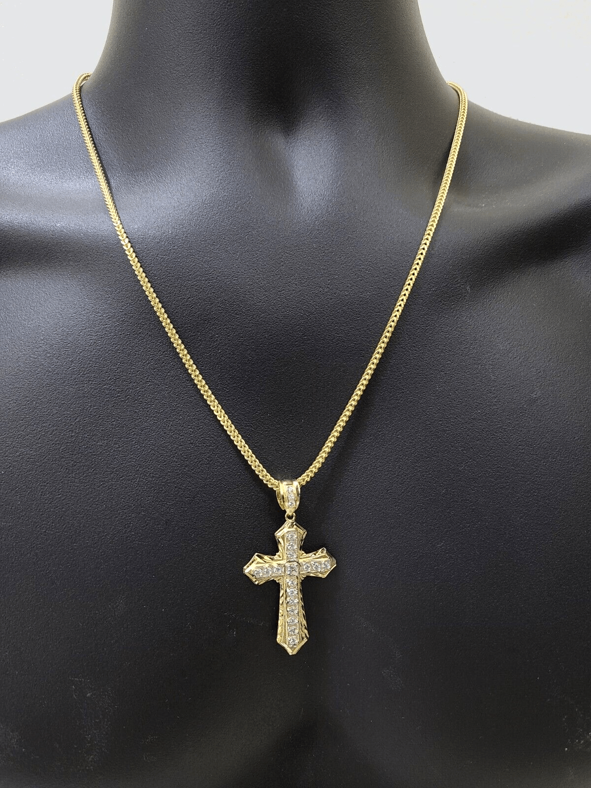 Real 10k Yellow Gold Franco Chain 2.5mm 20" inch Necklace Jesus Cross Charm 10kt - GoldenlinQ
