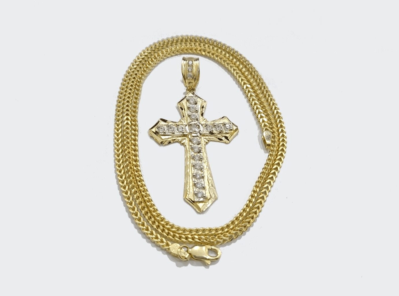Real 10k Yellow Gold Franco Chain 2.5mm 24" inch Necklace Jesus Cross Charm 10kt - GoldenlinQ