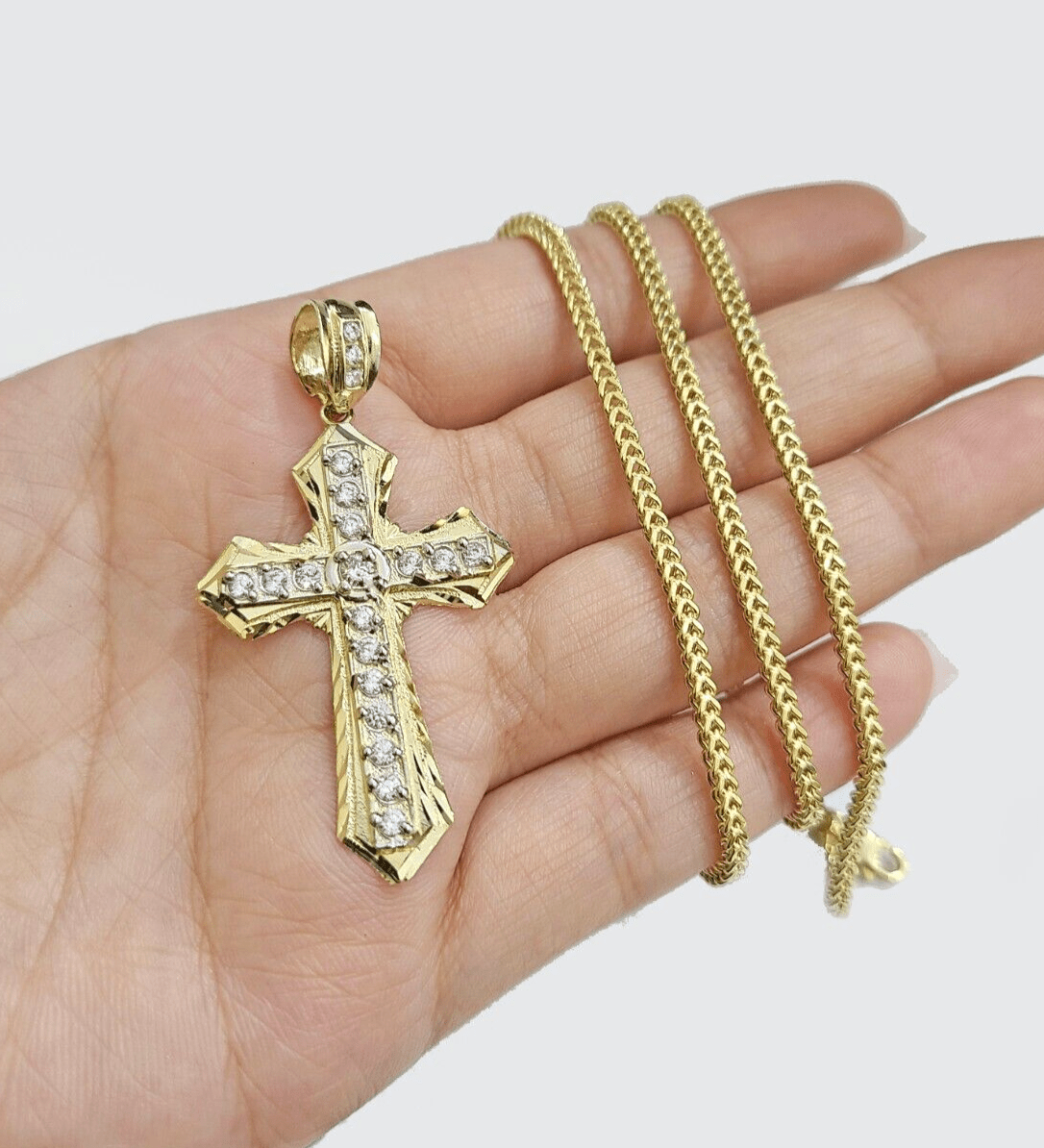 Real 10k Yellow Gold Franco Chain 2.5mm 26" inch Necklace Jesus Cross Charm 10kt - GoldenlinQ