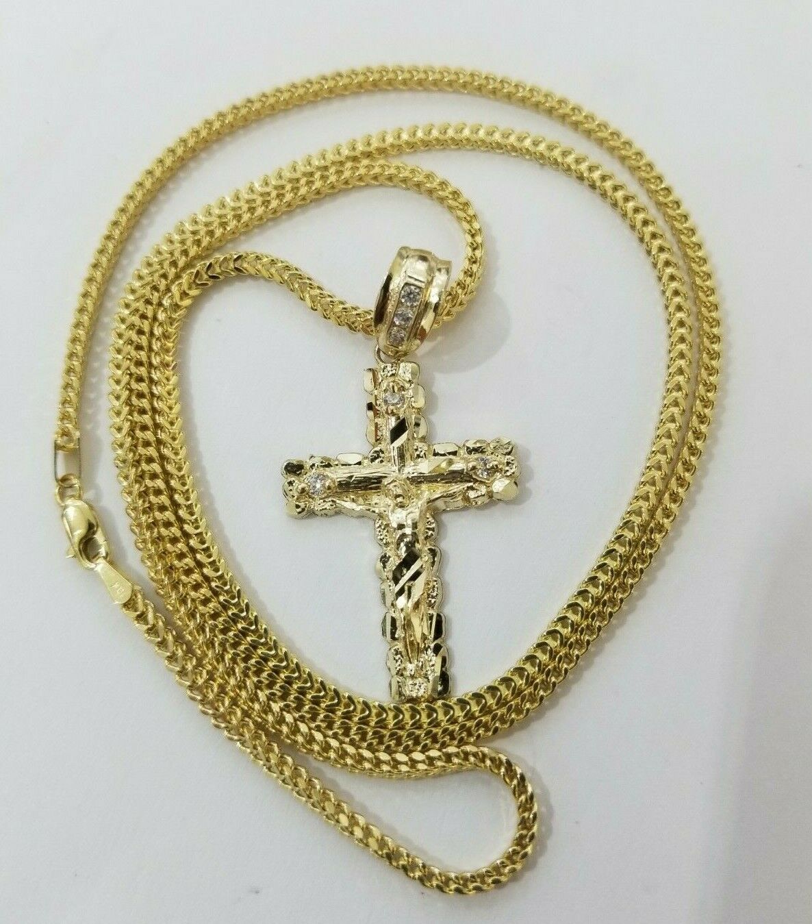 REAL 10k Yellow Gold Franco Chain & Cross Charm Pendant Set 16" - 26" 2mm Necklace - GoldenlinQ