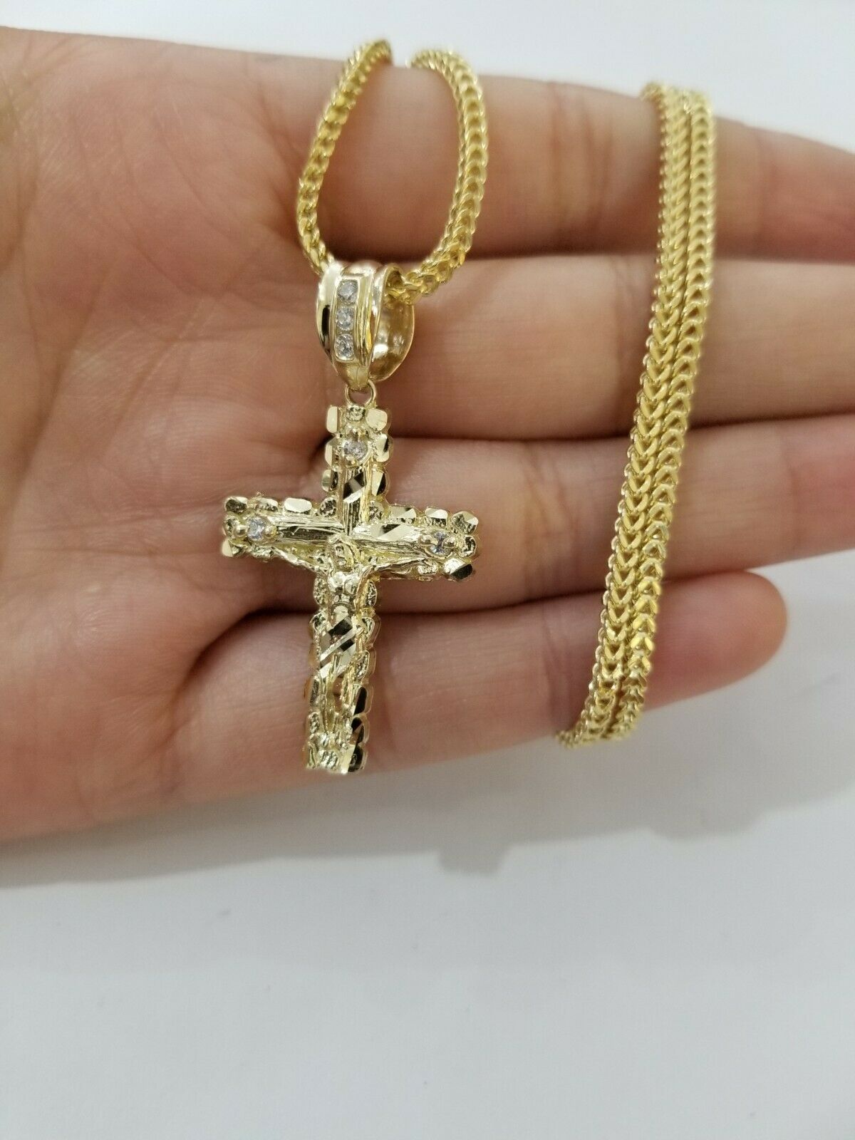 REAL 10k Yellow Gold Franco Chain & Cross Charm Pendant Set 16" - 26" 2mm Necklace - GoldenlinQ