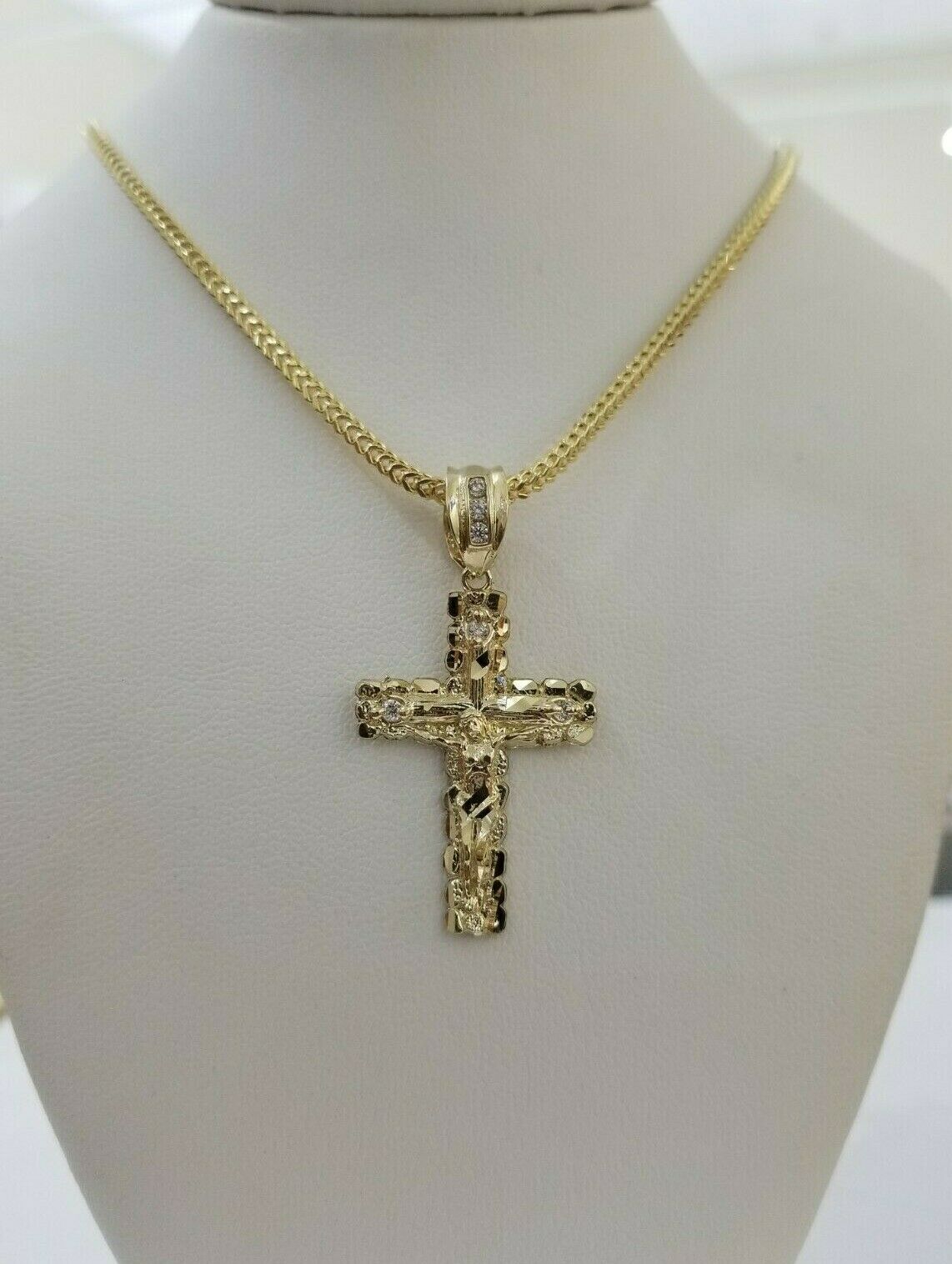 REAL 10k Yellow Gold Franco Chain & Cross Charm Pendant Set 16" - 26" 2mm Necklace - GoldenlinQ