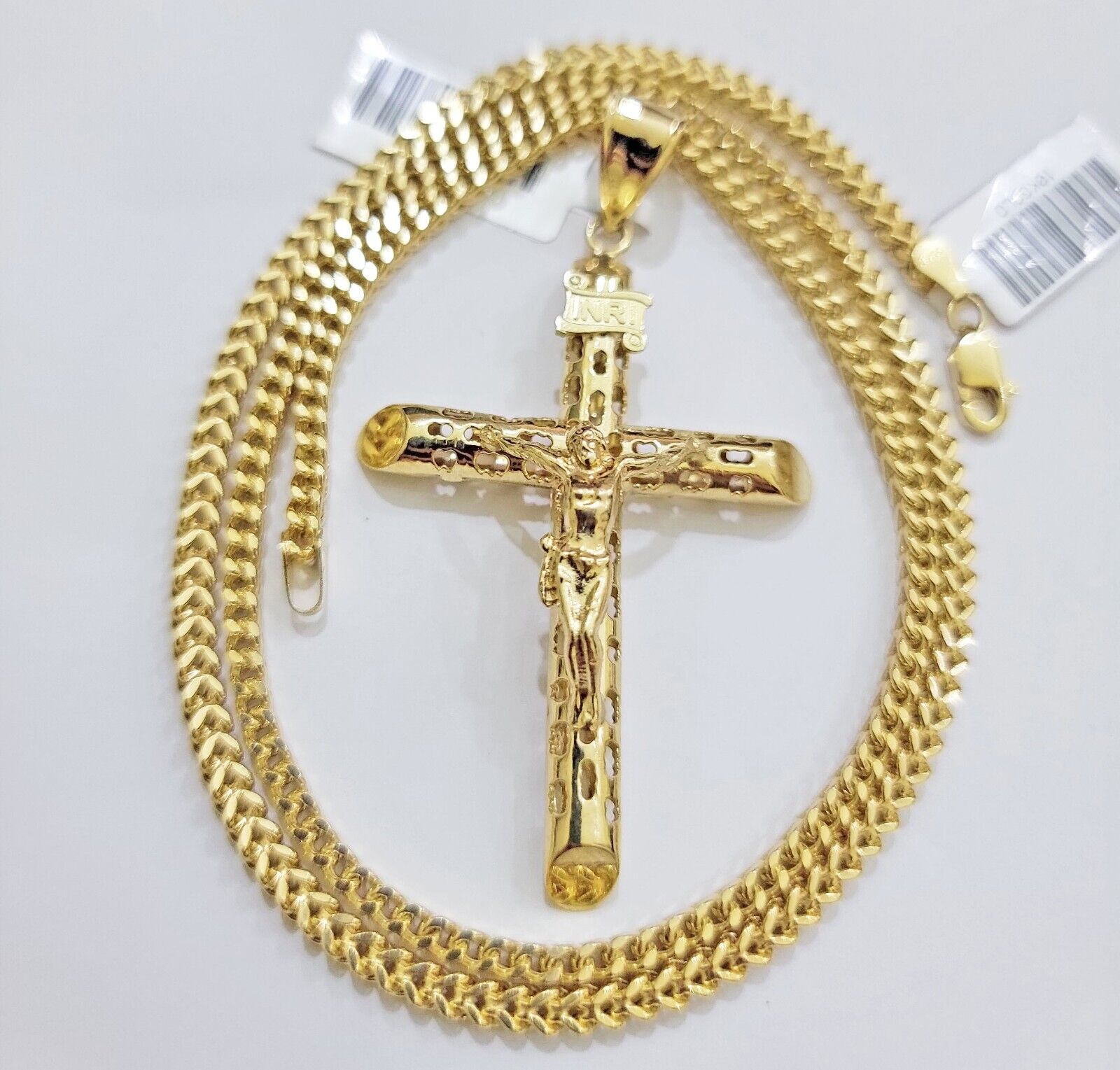 REAL 10k Yellow Gold Franco Necklace Cross Pendant Chain 24 Inch &Jesus Crucifix - GoldenlinQ
