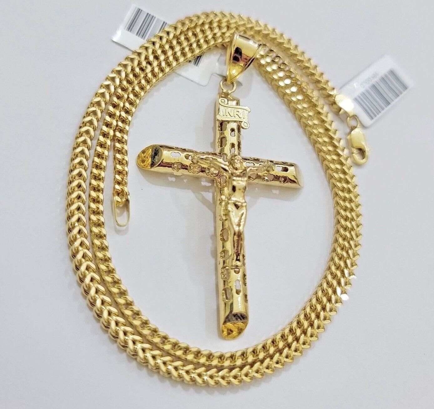 REAL 10k Yellow Gold Franco Necklace Cross Pendant Chain 24 Inch &Jesus Crucifix - GoldenlinQ