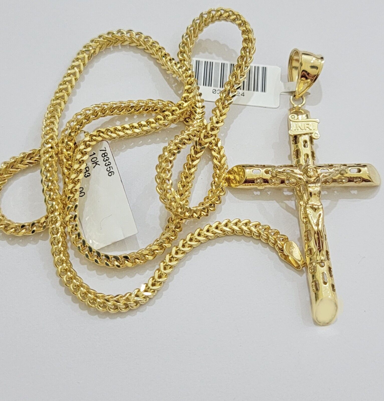 REAL 10k Yellow Gold Franco Necklace Cross Pendant Chain 24 Inch &Jesus Crucifix - GoldenlinQ