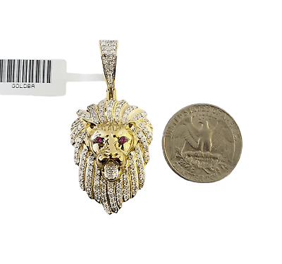 Real 10K Yellow Gold Genuine Diamond Lion Head Pendant Pink Eye Lion Charm - GoldenlinQ
