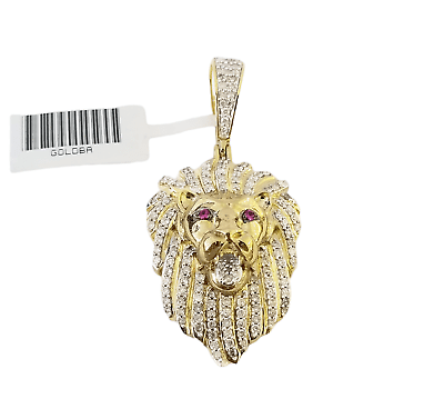 Real 10K Yellow Gold Genuine Diamond Lion Head Pendant Pink Eye Lion Charm - GoldenlinQ