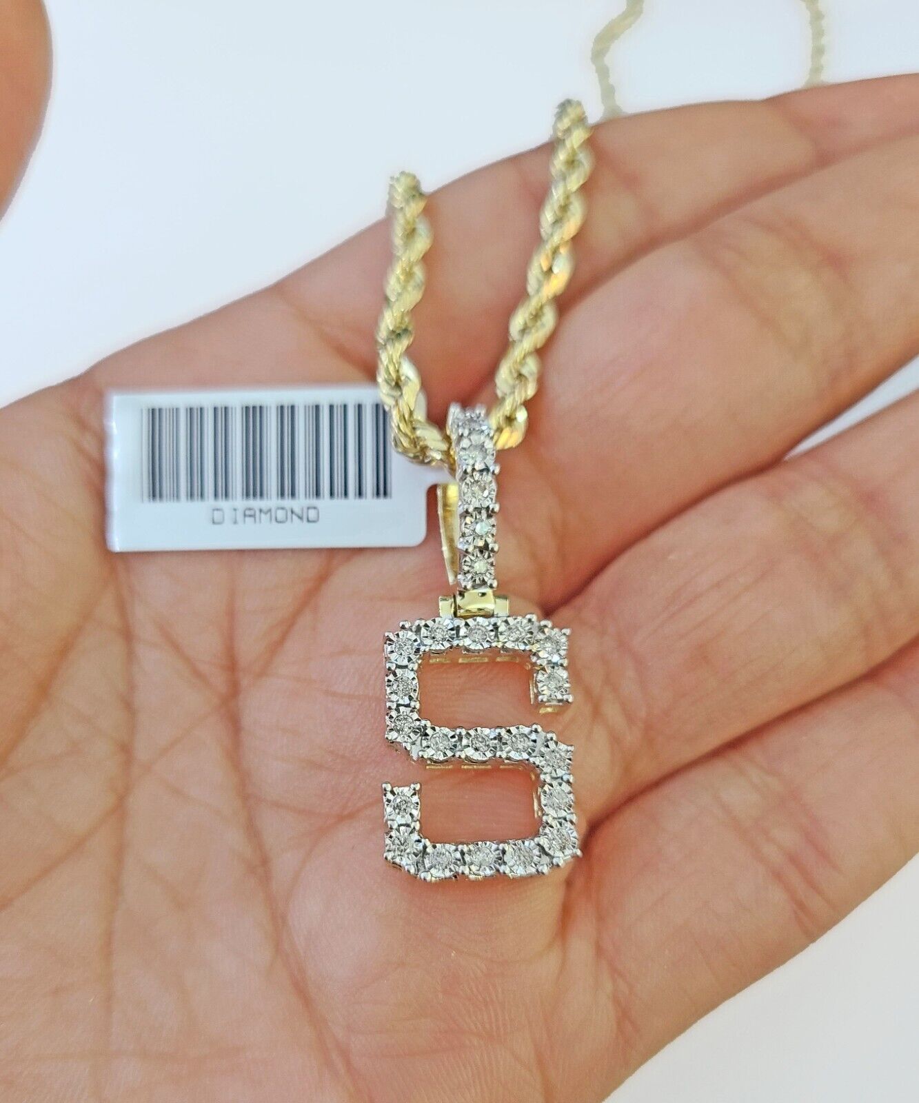 Real 10k Yellow Gold Genuine Diamond "S" Initial Pendent with 22 Inch Rope Chain - GoldenlinQ