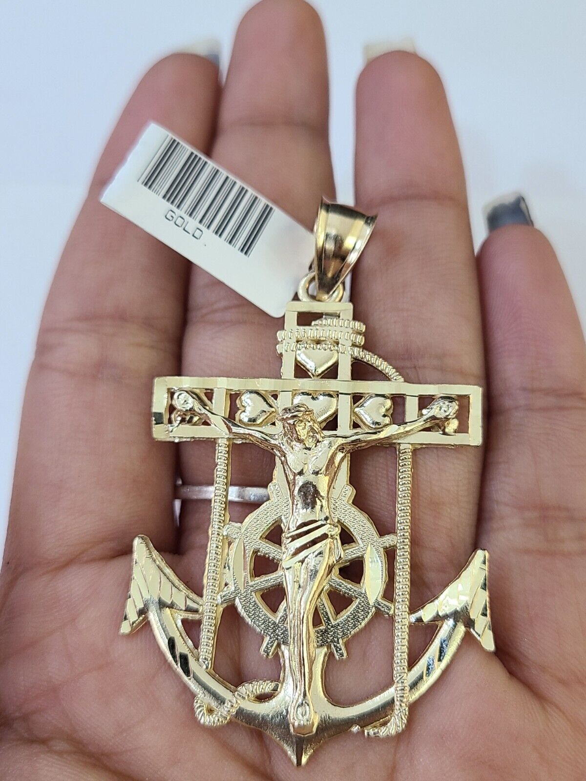Real 10k Yellow Gold Jesus Anchor Pendant 2.5 inches Charm - GoldenlinQ
