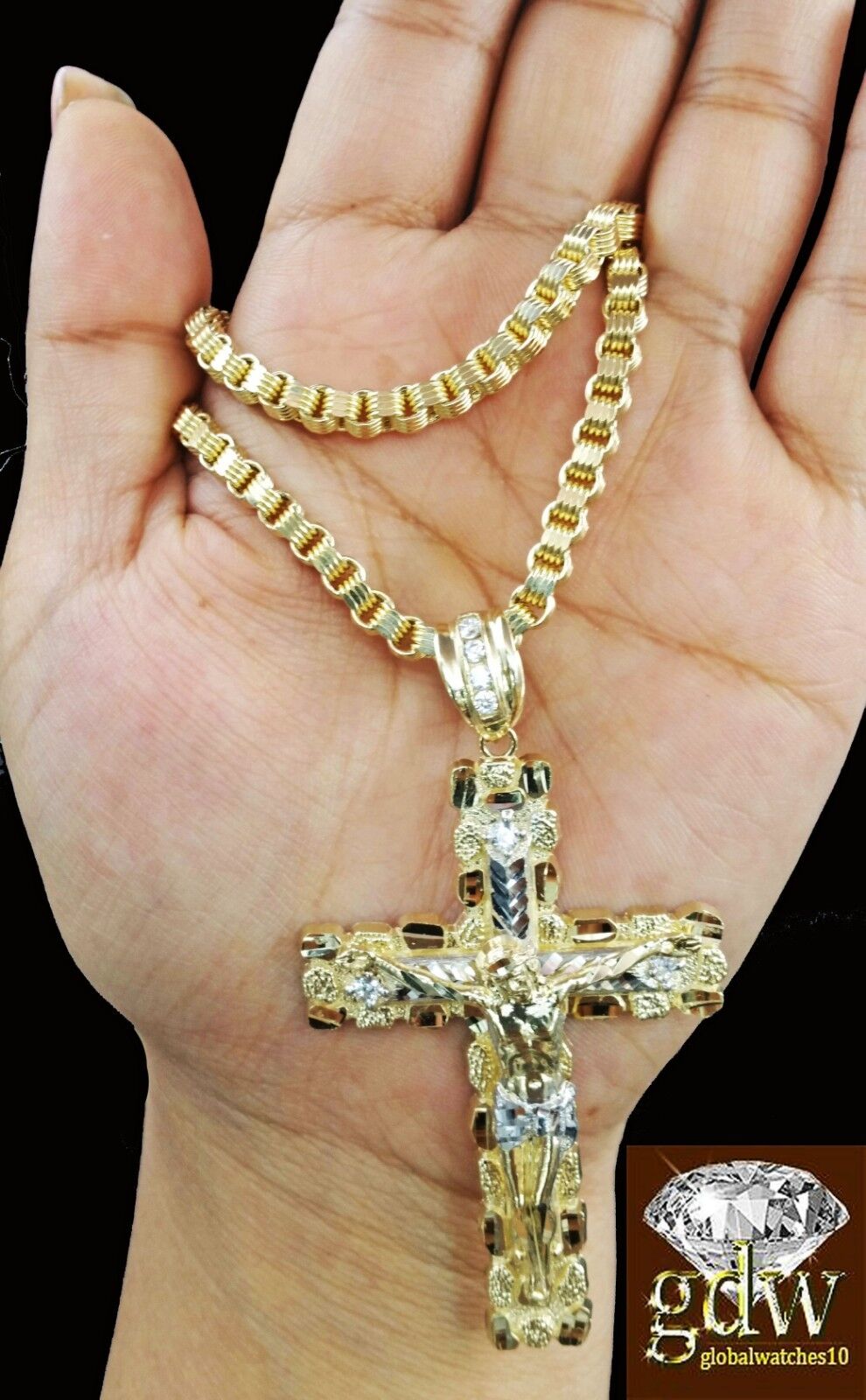 Real 10k Yellow Gold Jesus Cross Charm Pendant with 26 Inch Byzantine Chain - GoldenlinQ