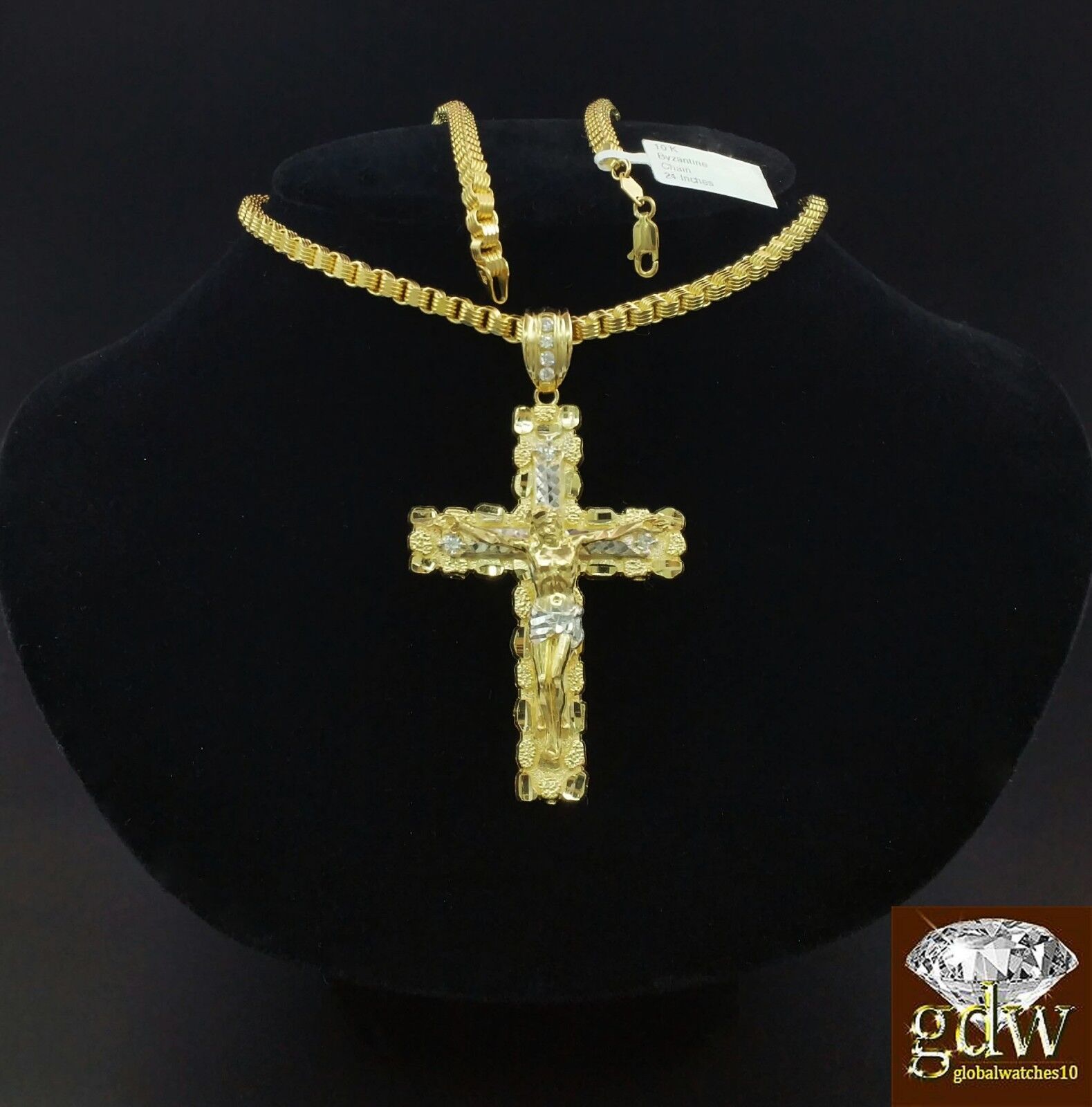 Real 10k Yellow Gold Jesus Cross Charm Pendant with 26 Inch Byzantine Chain - GoldenlinQ