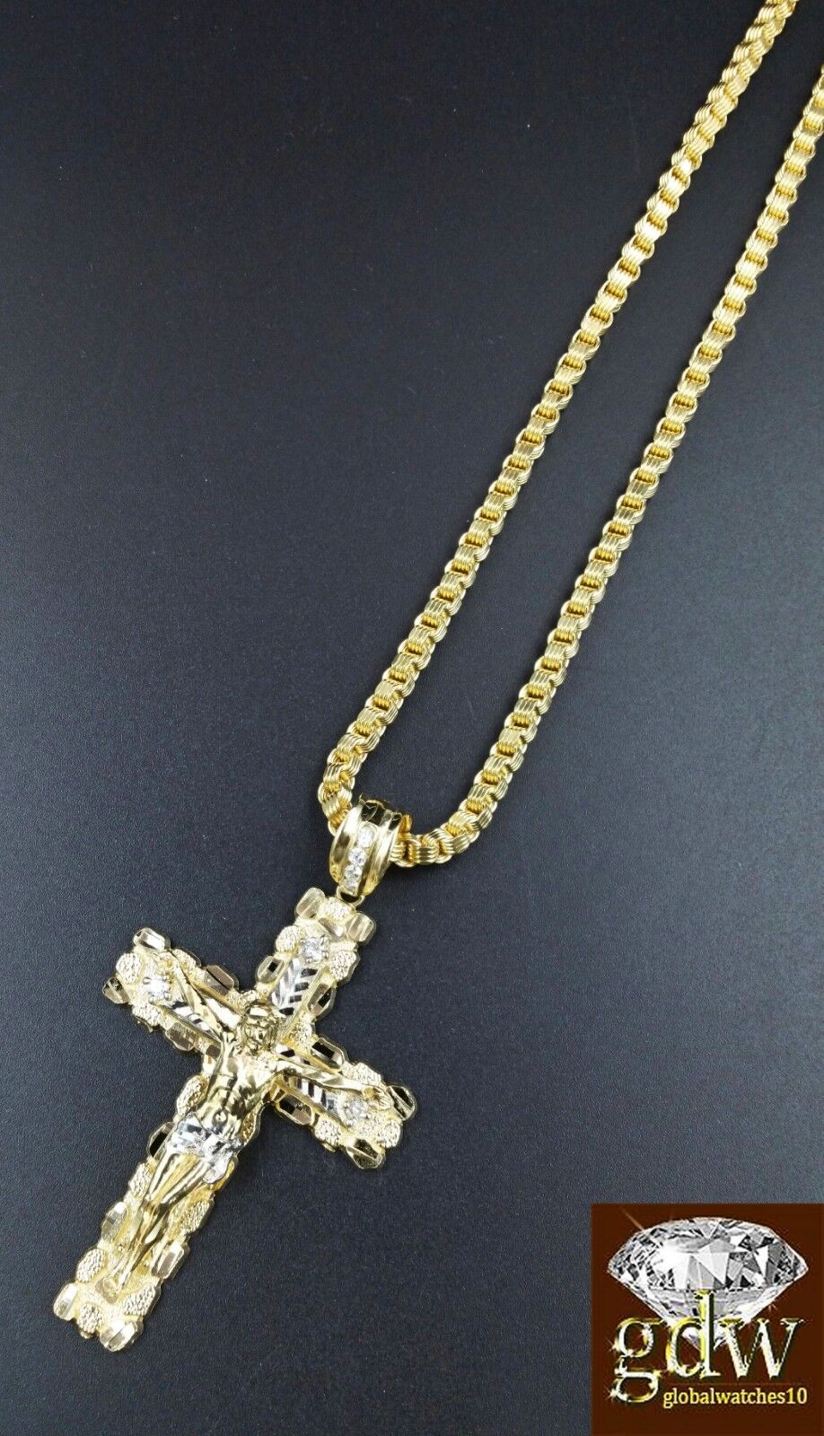 Real 10k Yellow Gold Jesus Cross Charm Pendant with 26 Inch Byzantine Chain - GoldenlinQ