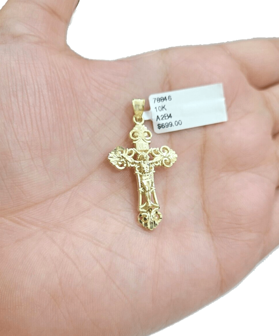 Real 10k Yellow Gold Jesus Cross Charm Rope Chain Necklace 3mm 18'' Pendant 10kt - GoldenlinQ