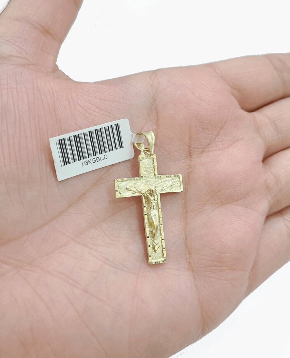 Real 10k Yellow Gold Jesus Cross Charm Rope Chain Necklace 3mm 18'' Pendant 10kt - GoldenlinQ