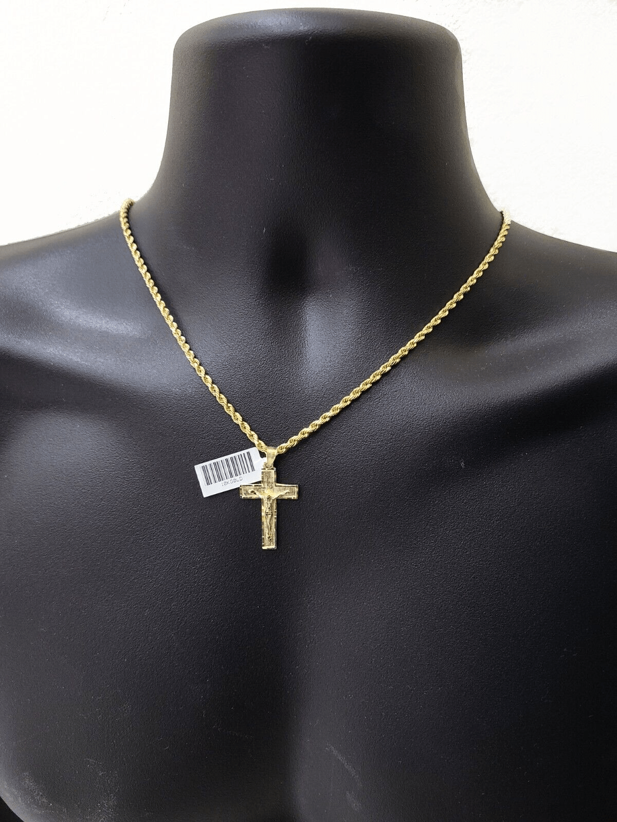 Real 10k Yellow Gold Jesus Cross Charm Rope Chain Necklace 3mm 22'' Pendant 10kt - GoldenlinQ
