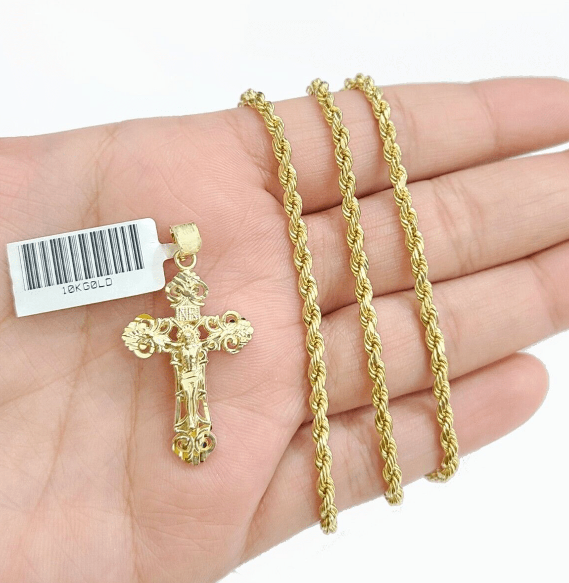 Real 10k Yellow Gold Jesus Cross Charm Rope Chain Necklace 3mm 24'' Pendant 10kt - GoldenlinQ