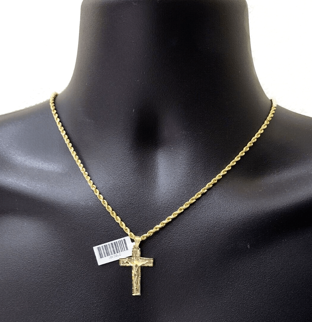 Real 10k Yellow Gold Jesus Cross Charm Rope Chain Necklace 3mm 24'' Pendant 10kt - GoldenlinQ