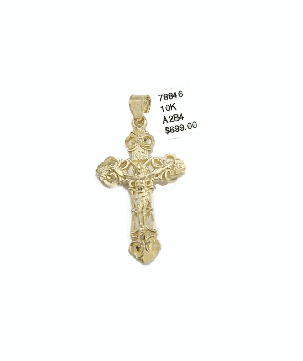 Real 10k Yellow Gold Jesus Cross Charm Rope Chain Necklace 3mm 24'' Pendant 10kt - GoldenlinQ