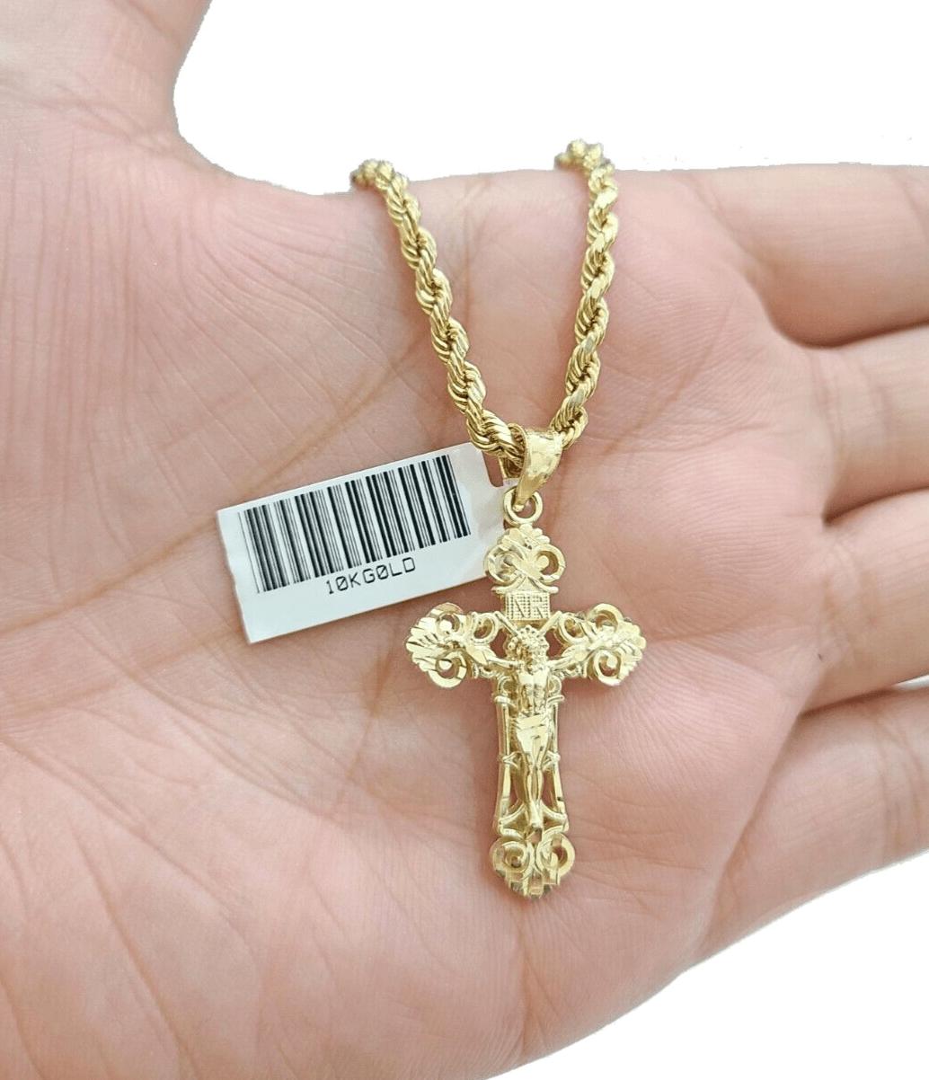 Real 10k Yellow Gold Jesus Cross Charm Rope Chain Necklace 3mm 26'' Pendant 10kt - GoldenlinQ