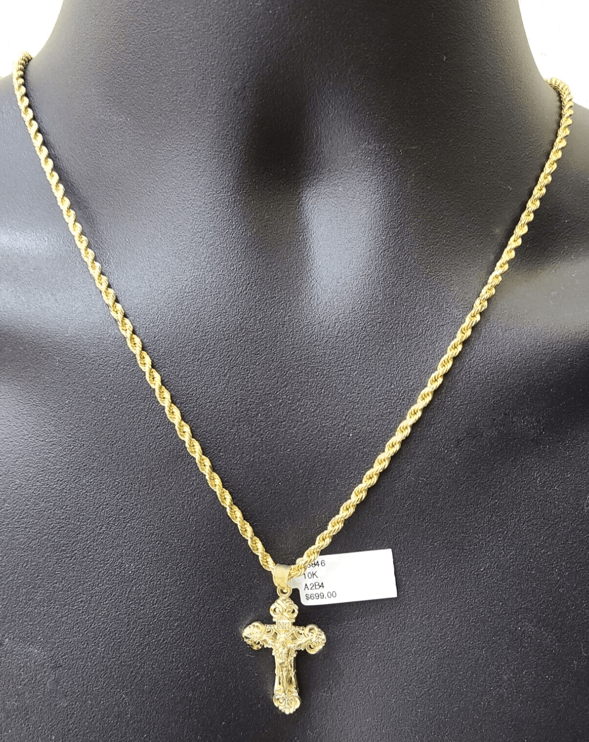 Real 10k Yellow Gold Jesus Cross Charm Rope Chain Necklace 3mm 28'' Pendant 10kt - GoldenlinQ
