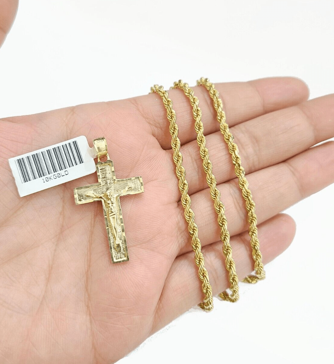Real 10k Yellow Gold Jesus Cross Charm Rope Chain Necklace 3mm 28'' Pendant 10kt - GoldenlinQ