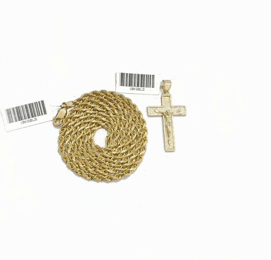 Real 10k Yellow Gold Jesus Cross Charm Rope Chain Necklace 3mm 28'' Pendant 10kt - GoldenlinQ
