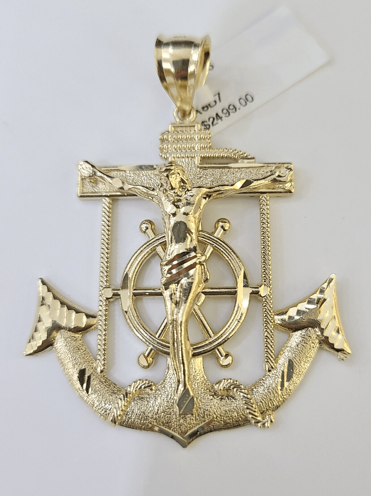 Real 10k Yellow Gold Jesus Crucifix Anchor Pendant 2.5 inches Charm - GoldenlinQ