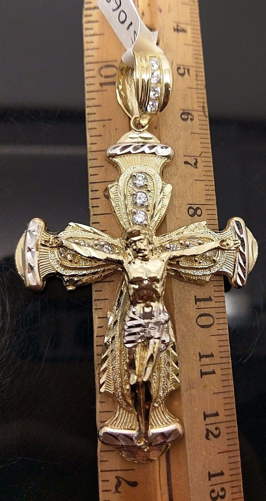 Real 10k Yellow Gold Jesus Crucifix Cross Charm Diamond Cut Pendant - GoldenlinQ