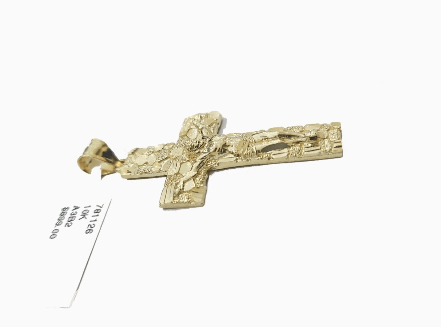 Real 10k Yellow Gold Jesus Crucifix Nugget Cross Charm Pendant 1.8'' inches 10kt - GoldenlinQ