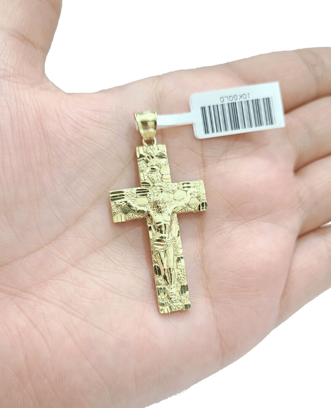 Real 10k Yellow Gold Jesus Crucifix Nugget Cross Charm Pendant 1.8'' inches 10kt - GoldenlinQ
