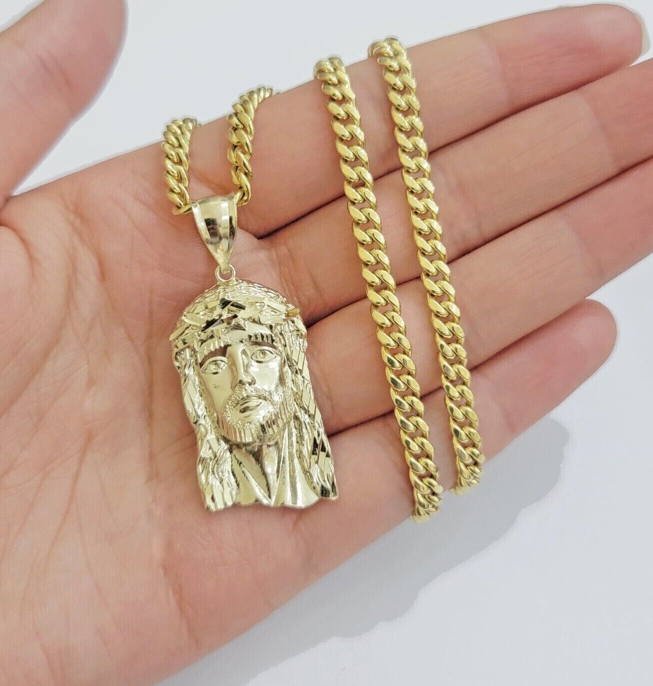 Real 10k Yellow Gold Jesus Head Charm Pendant & Miami Cuban Link Chain Necklace - GoldenlinQ