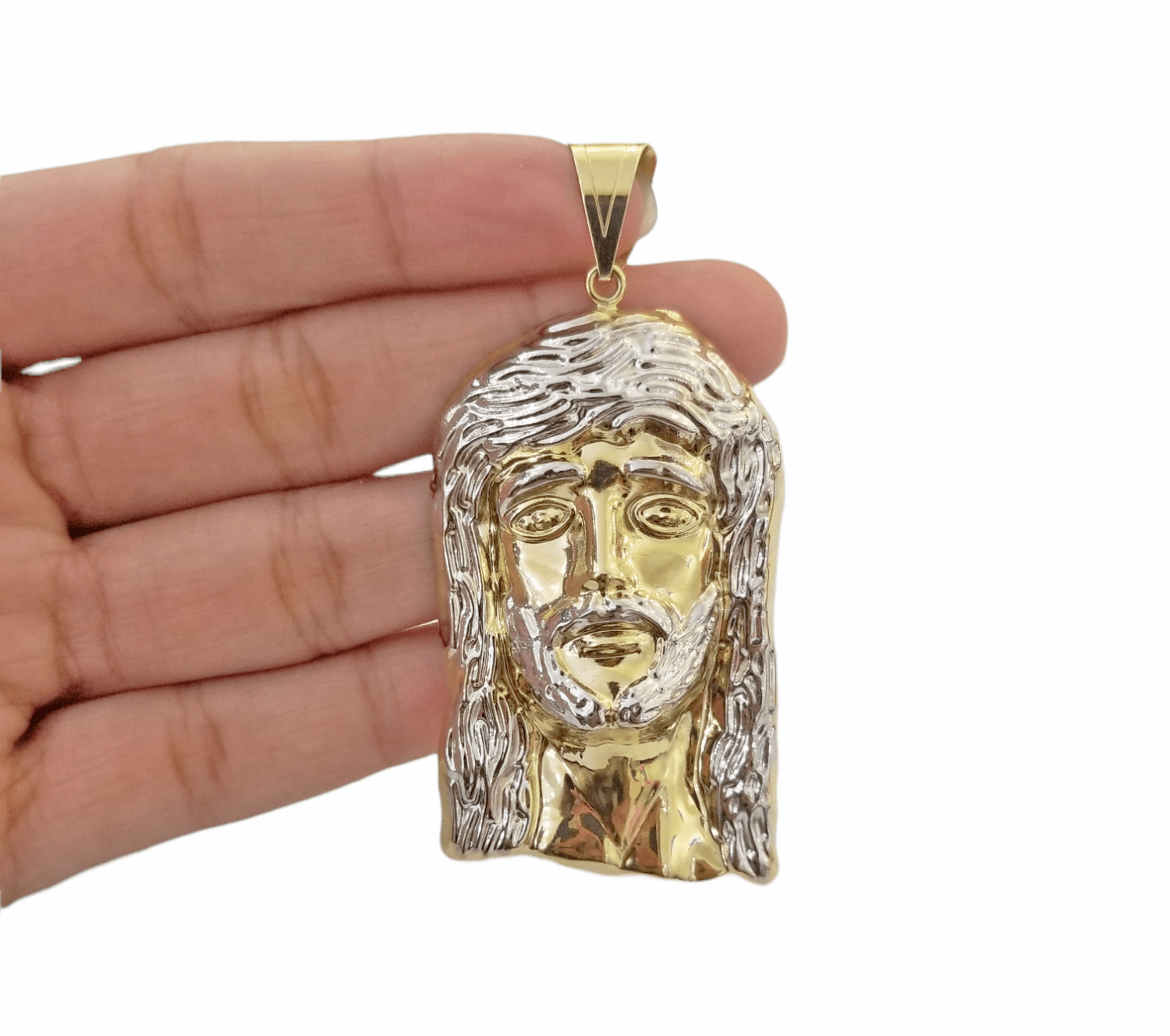 Real 10K Yellow Gold Jesus Head Charm Pendent 3" Inch 10kt - GoldenlinQ