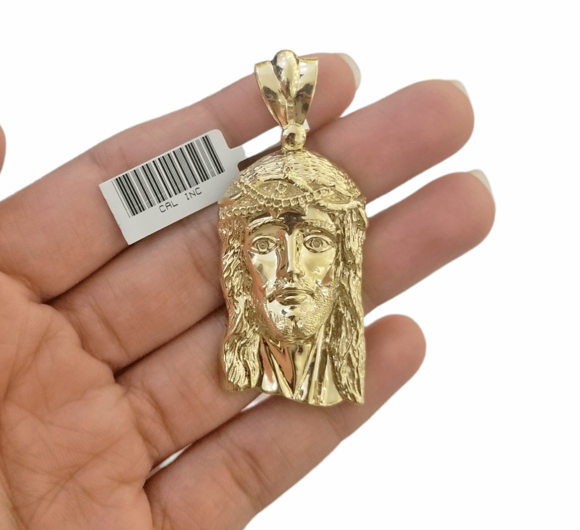 Real 10K Yellow Gold Jesus Head Pendent Charm 2" Inch 10kt - GoldenlinQ
