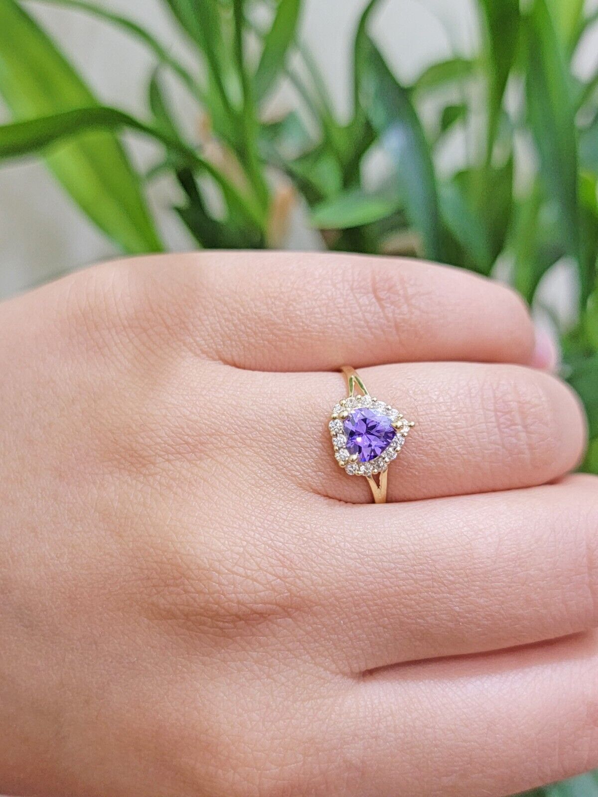 Real 10k Yellow Gold Ladies earring ring and pendant Purple heart Amethyst set - GoldenlinQ