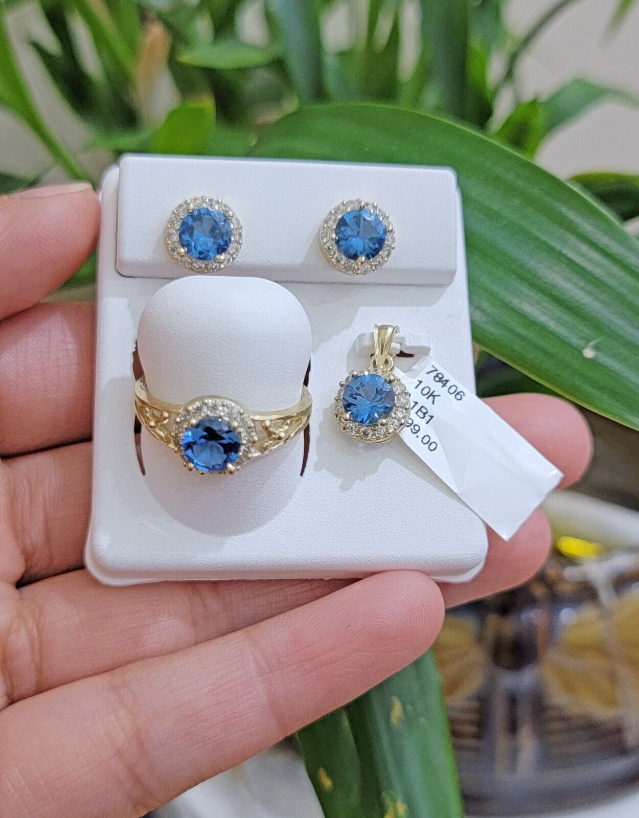 Real 10k Yellow Gold Ladies earring ring & pendant Blue heart Sapphire set ,10KT - GoldenlinQ