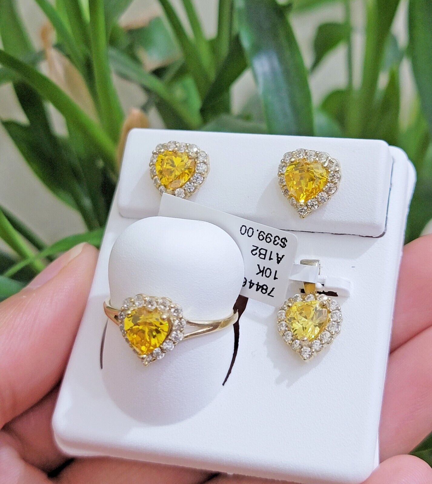 Real 10k Yellow Gold Ladies earring ring & pendant Yellow heart Citrine set 10KT - GoldenlinQ