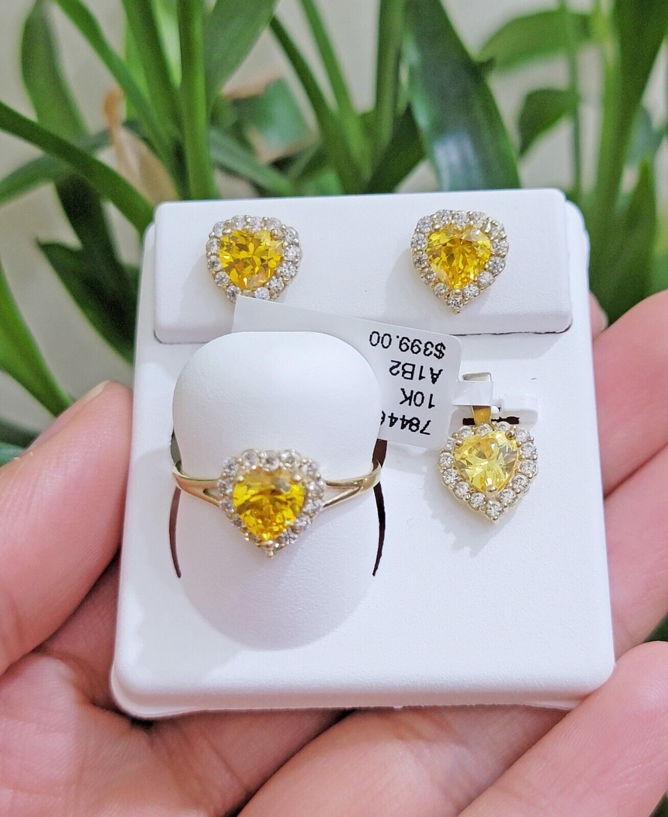 Real 10k Yellow Gold Ladies earring ring & pendant Yellow heart Citrine set 10KT - GoldenlinQ