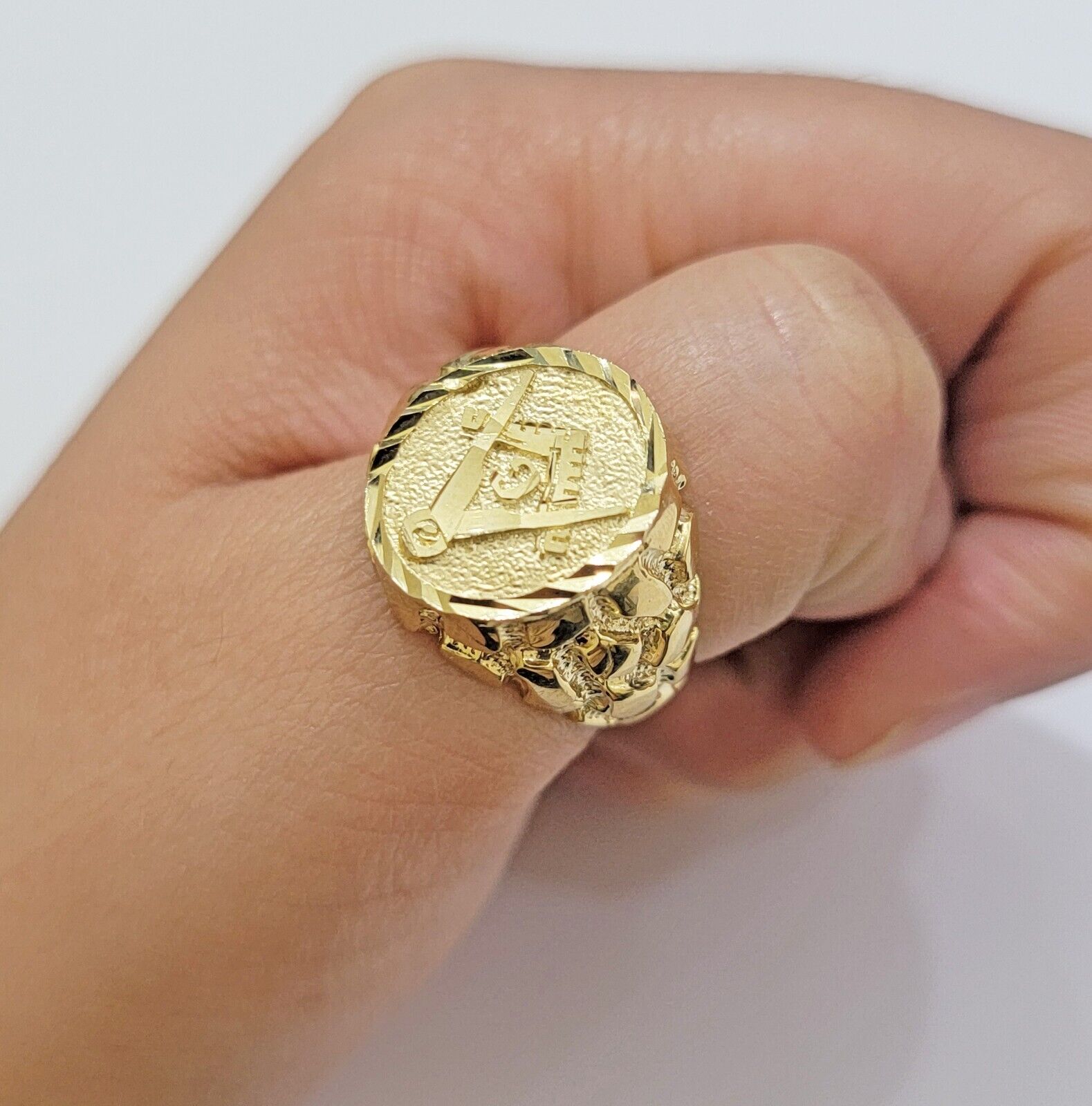 Real 10k Yellow Gold Masonic Ring Mens Nugget Band Round Shape Pinky Casual Ring - GoldenlinQ