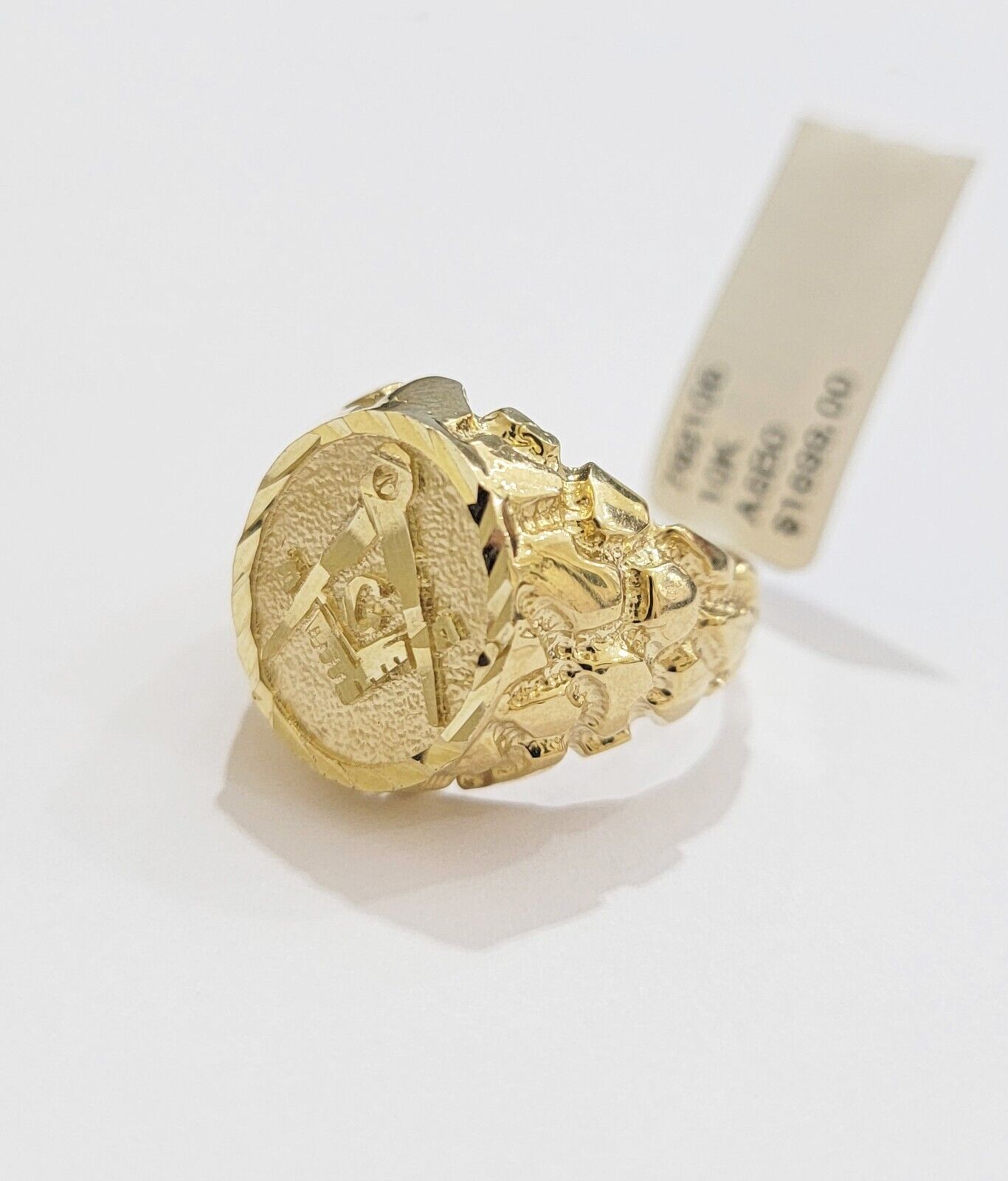 Real 10k Yellow Gold Masonic Ring Mens Nugget Band Round Shape Pinky Casual Ring - GoldenlinQ