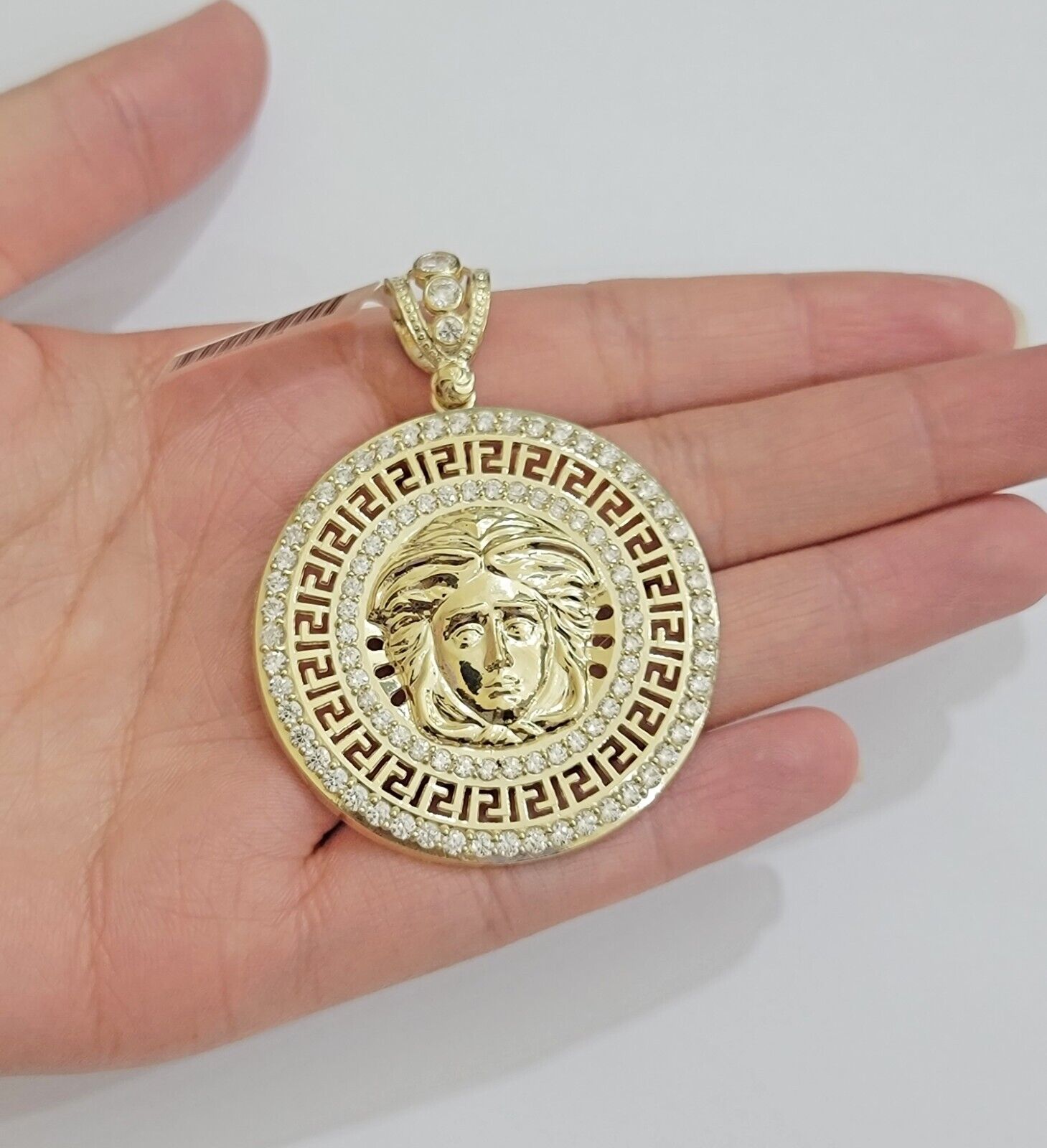Real 10k Yellow Gold Medusa Head Charm Pendant 2.25" With Stones 10kt for Chain - GoldenlinQ
