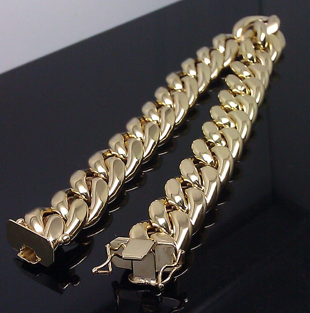 Real 10k Yellow Gold Men 11mm Miami Cuban Bracelet Box Lock 9" - GoldenlinQ