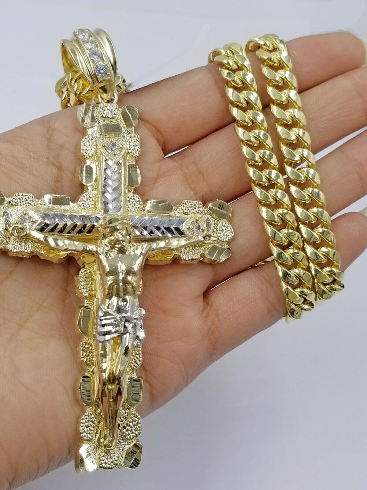 Real 10k Yellow Gold Men Jesus Cross Charm with Miami Cuban Chain Diamond Cut - GoldenlinQ