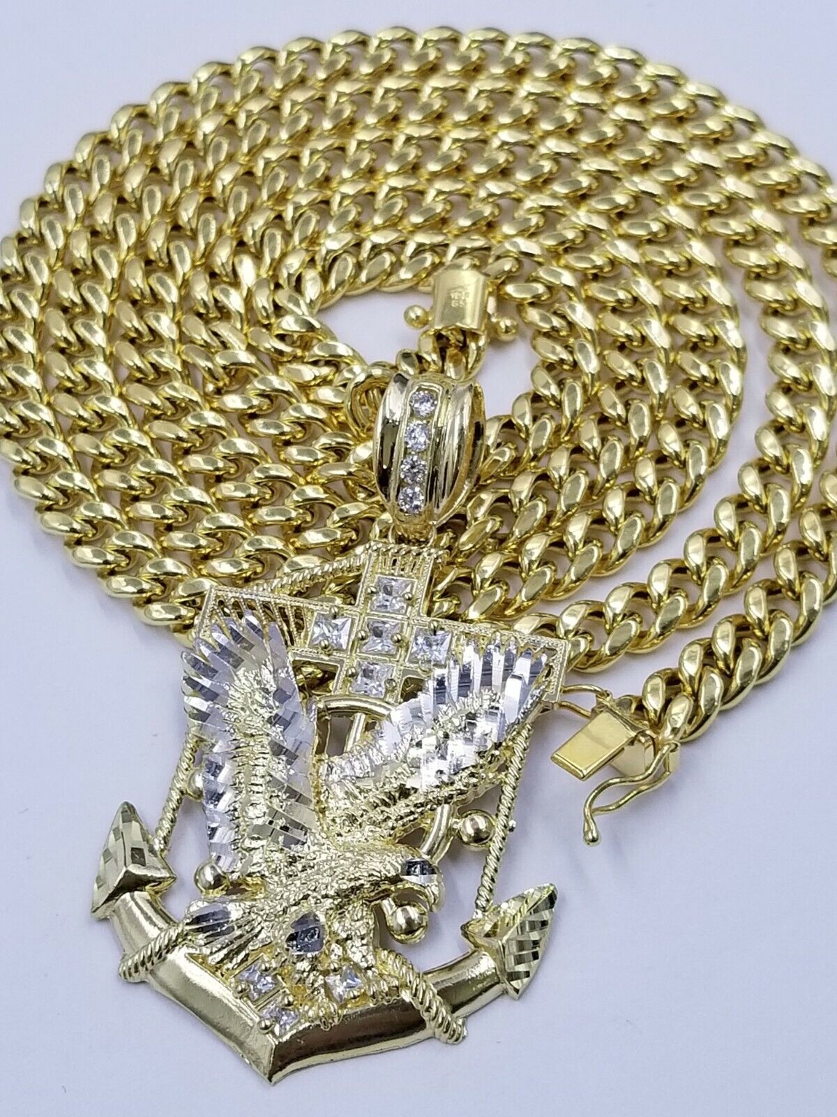 Real 10k Yellow Gold Miami Cuban Chain 24" American Eagle Anchor Charm Pendant - GoldenlinQ