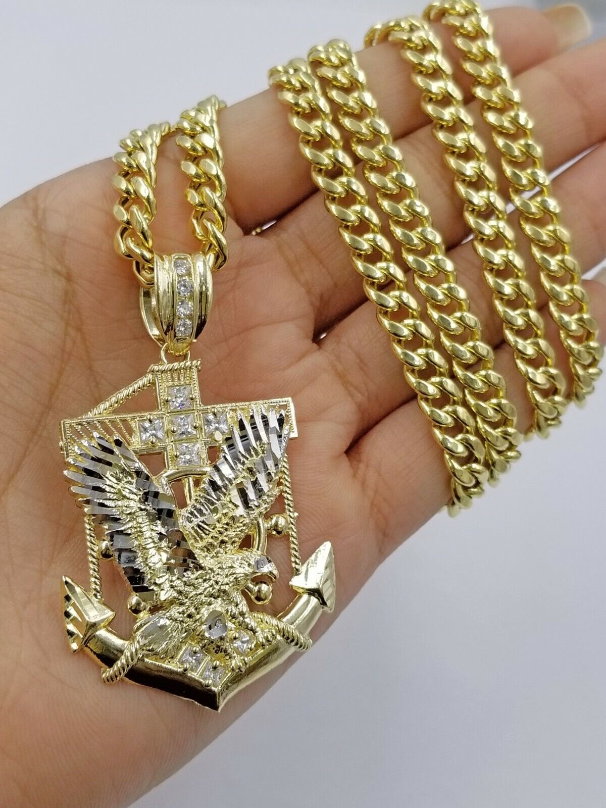 Real 10k Yellow Gold Miami Cuban Chain 24" American Eagle Anchor Charm Pendant - GoldenlinQ