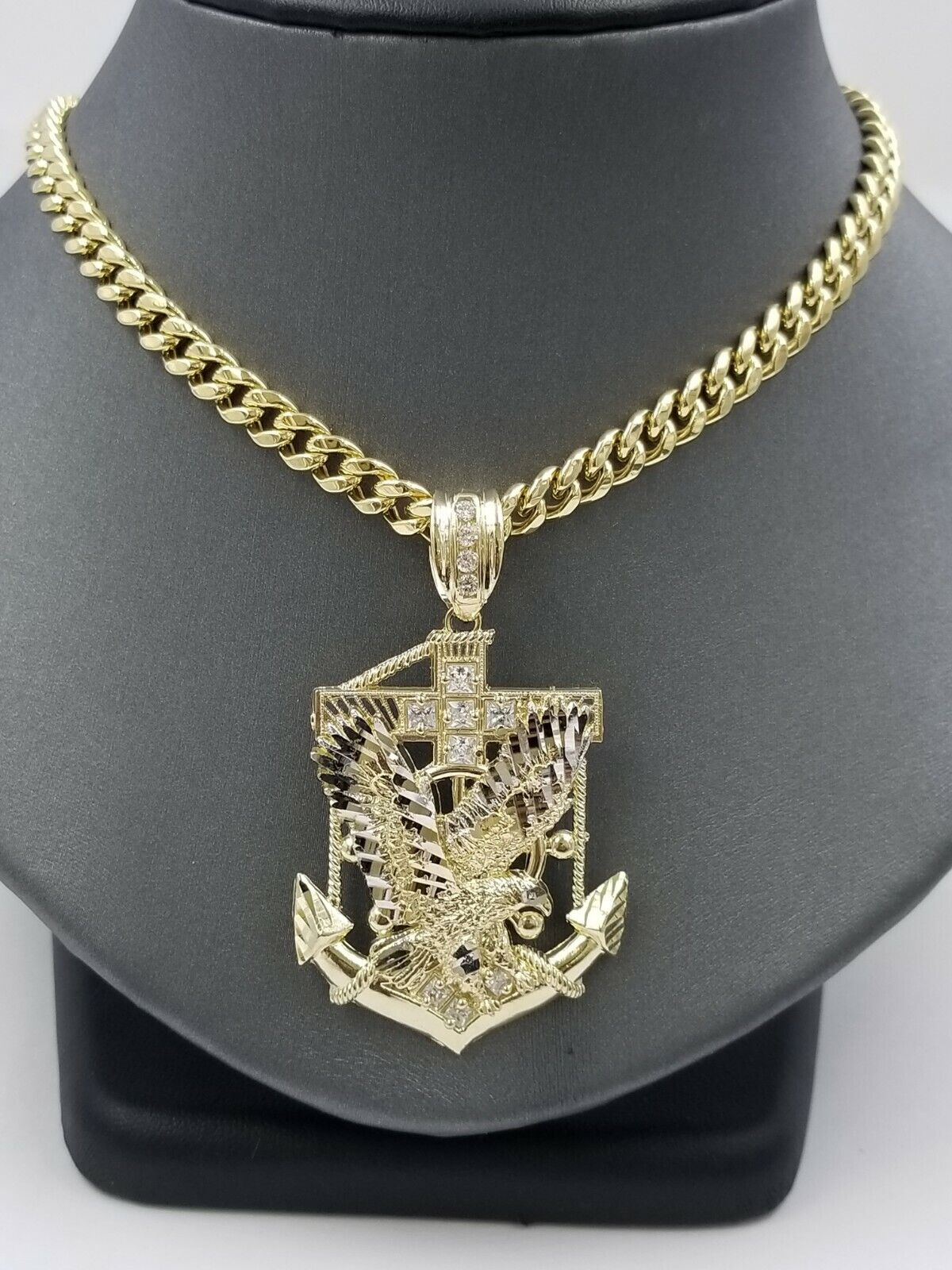 Real 10k Yellow Gold Miami Cuban Chain 24" American Eagle Anchor Charm Pendant - GoldenlinQ