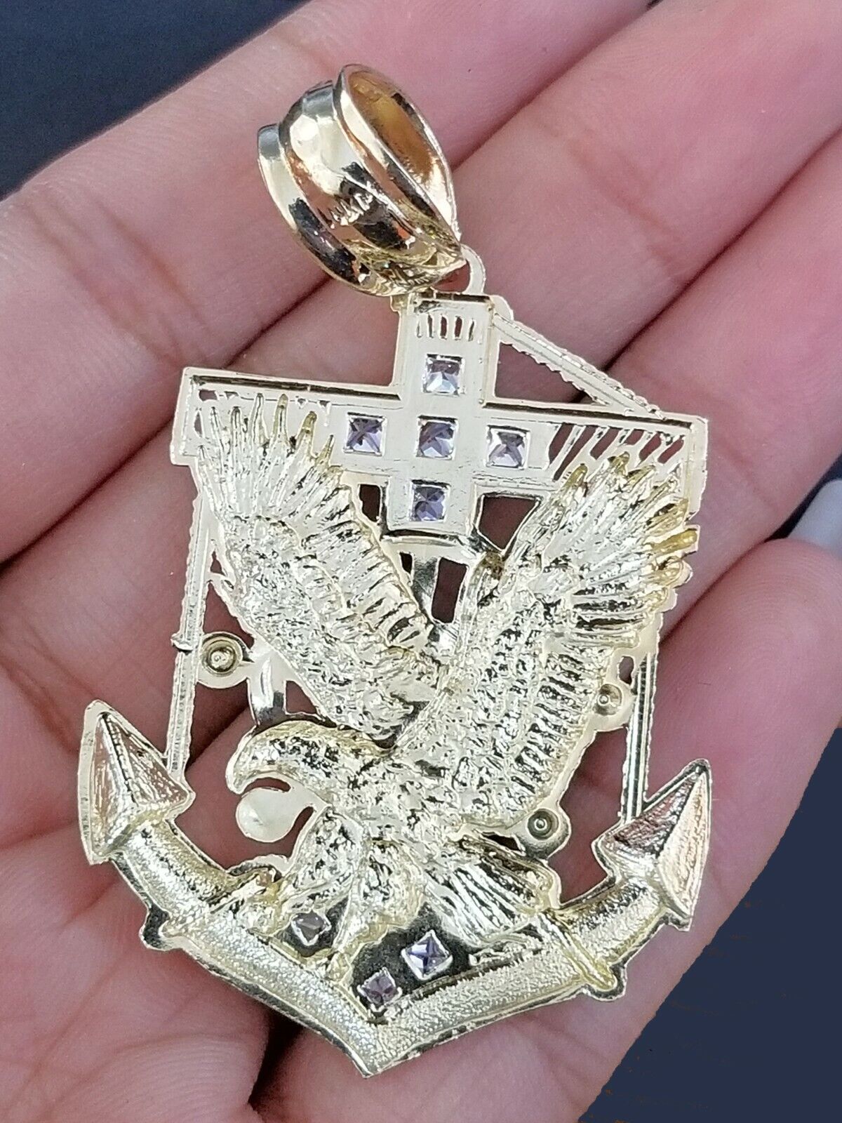 Real 10k Yellow Gold Miami Cuban Chain 24" American Eagle Anchor Charm Pendant - GoldenlinQ